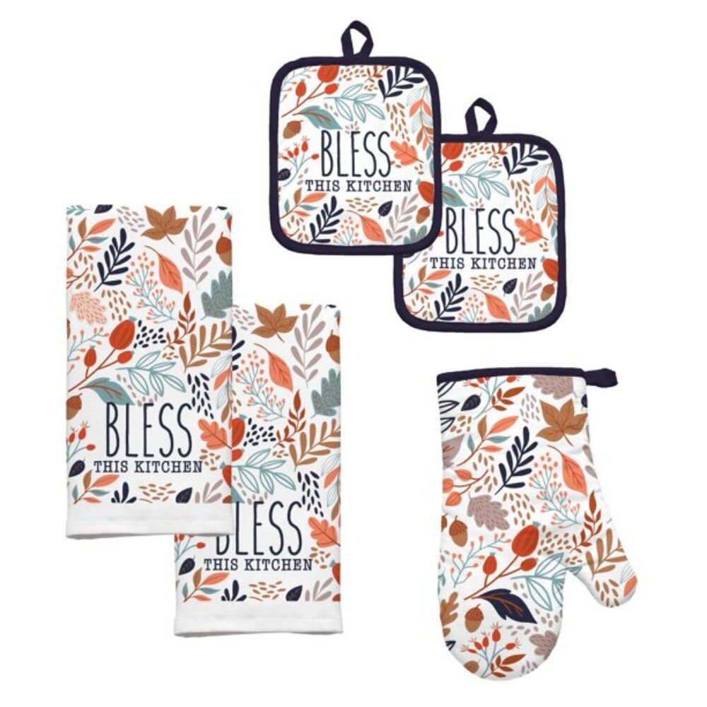 Bless This Kitchen Fall Leaves Kitchen Towels Pot Holders Oven mitt 5Pc Set New